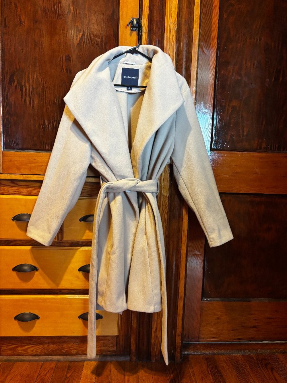Light Tan Studio Park Brushed Double Knit Wrap Coat Size XL